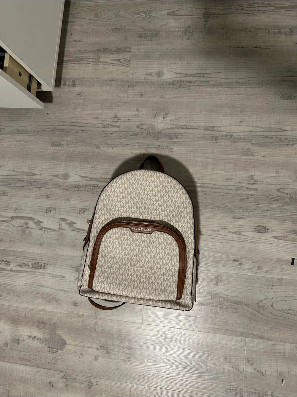 Michael Kors Vanilla MK Logo Backpack with Brown Trim
